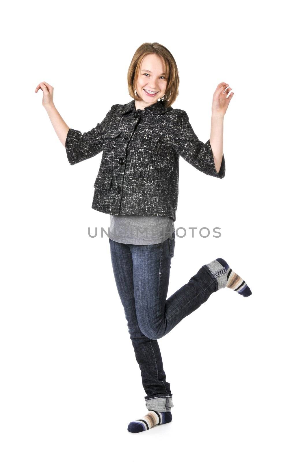 Full body portrait of a teenage girl isolated on white background