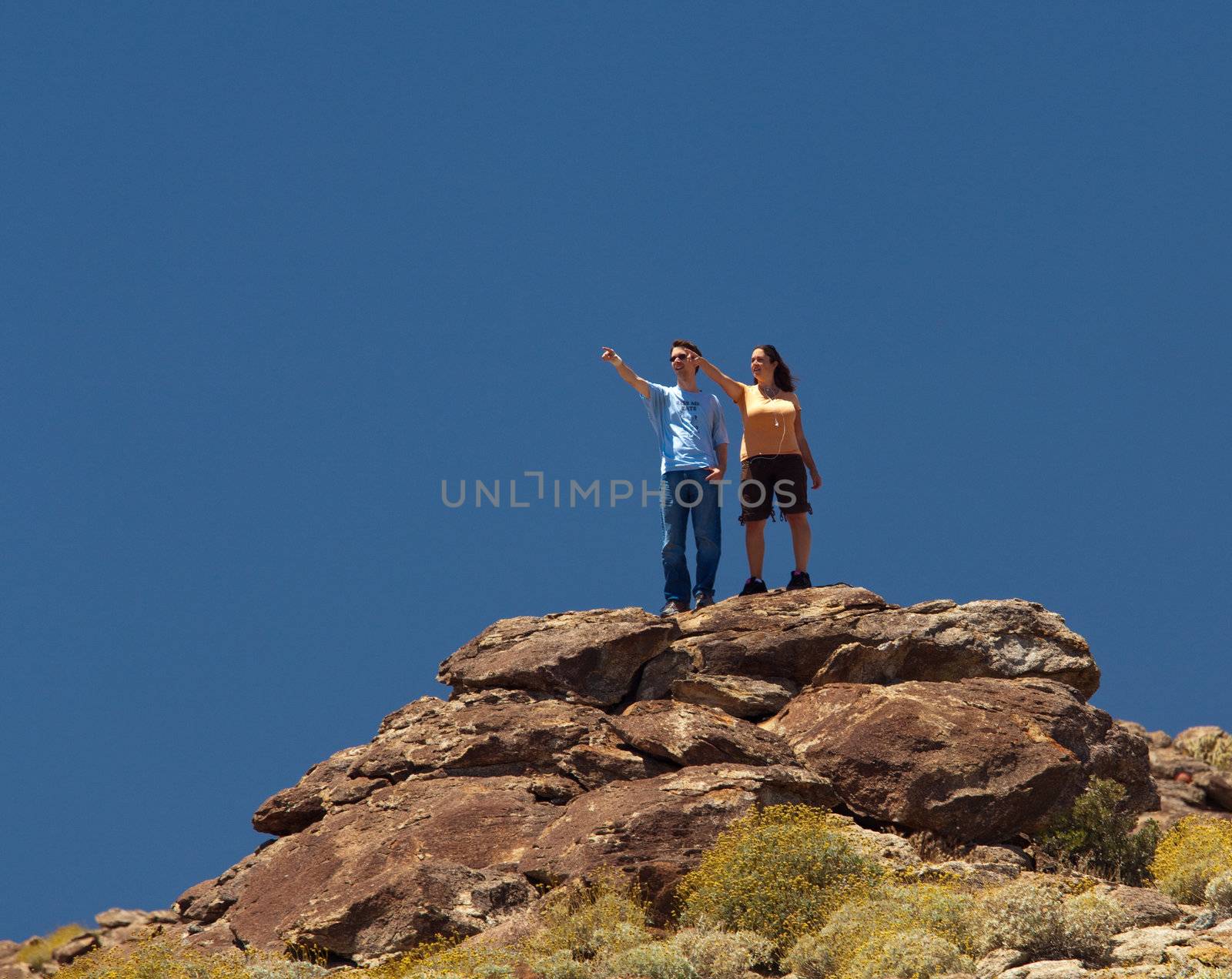 Hikers in desert point to distant object by steheap