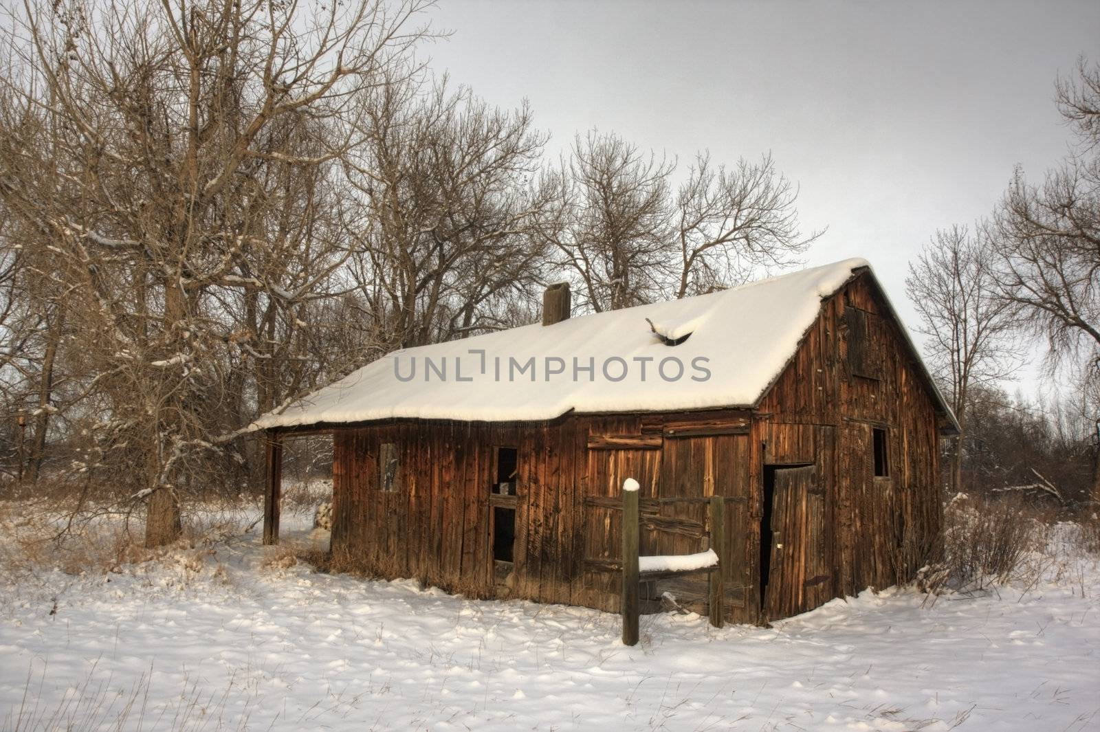 old farm building in winter scenery by PixelsAway