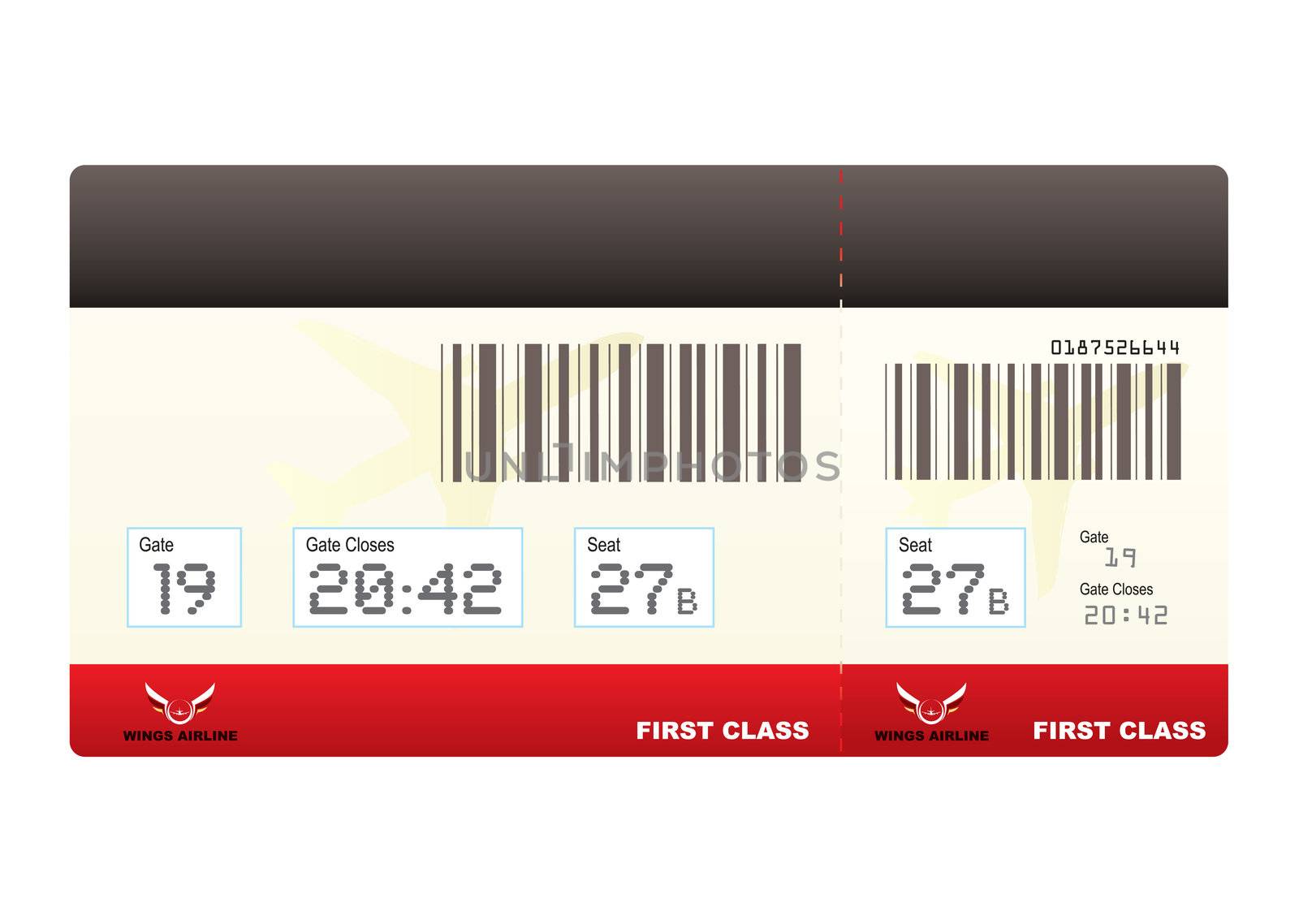 first class plane ticket or boarding pass in red with barcode