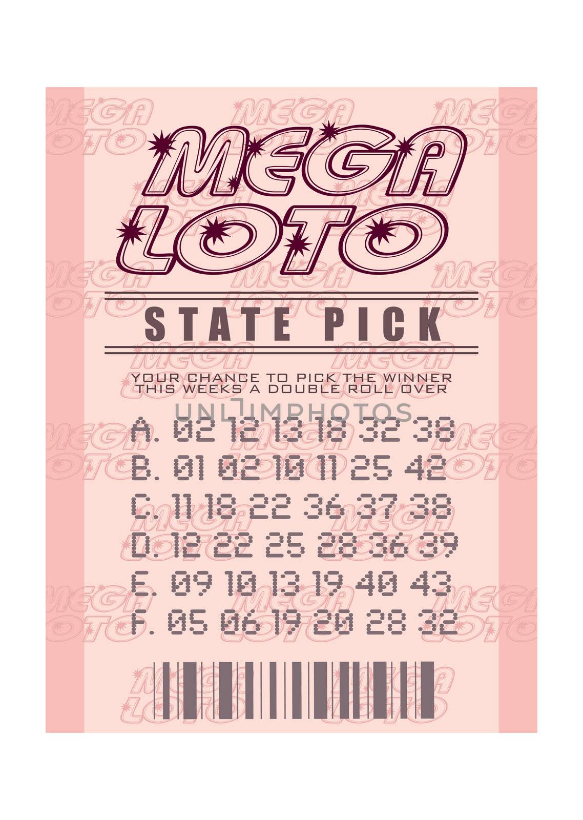 Illustrated pink mega lottery ticket with winning numbers