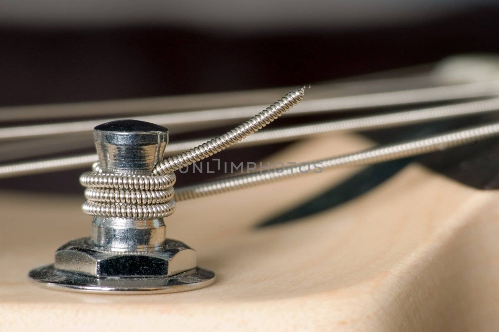 A guitar tuning machine head with strung string.