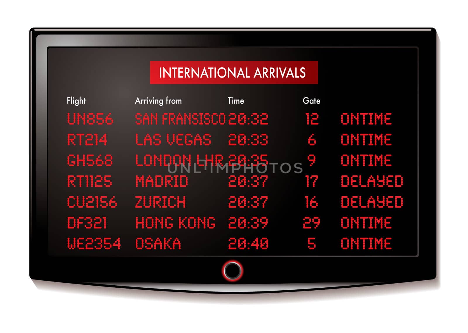 international flight arrivals display board with time and gate numbers
