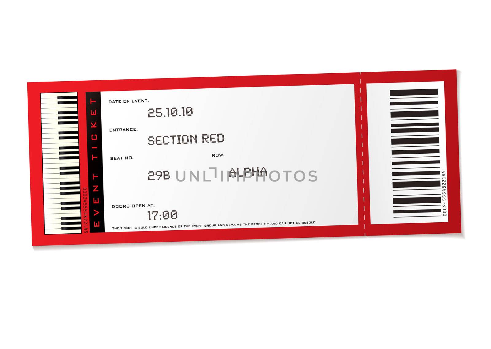 red concert event ticket with set number and bar code