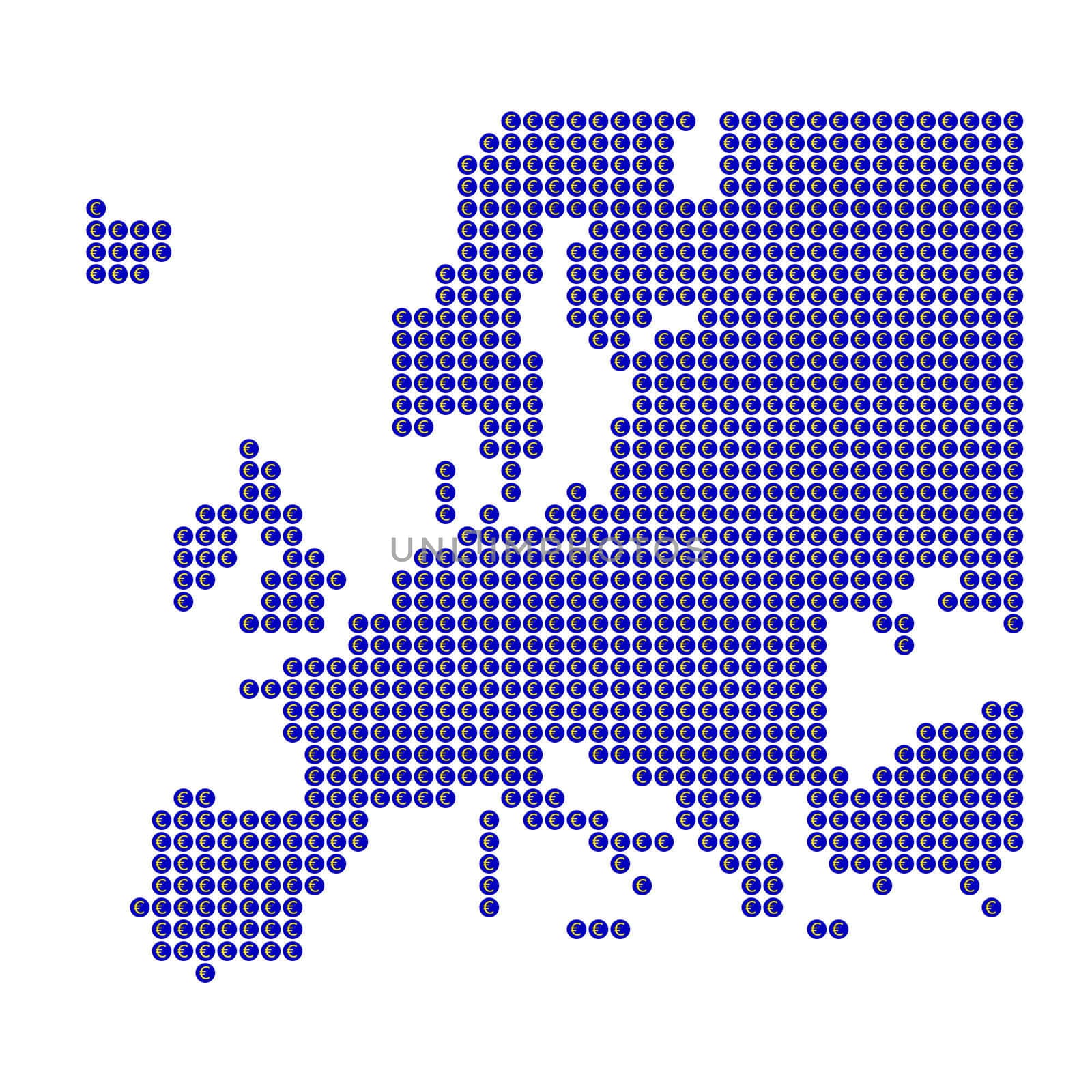 Map of Europe with blue dots and Euro sign