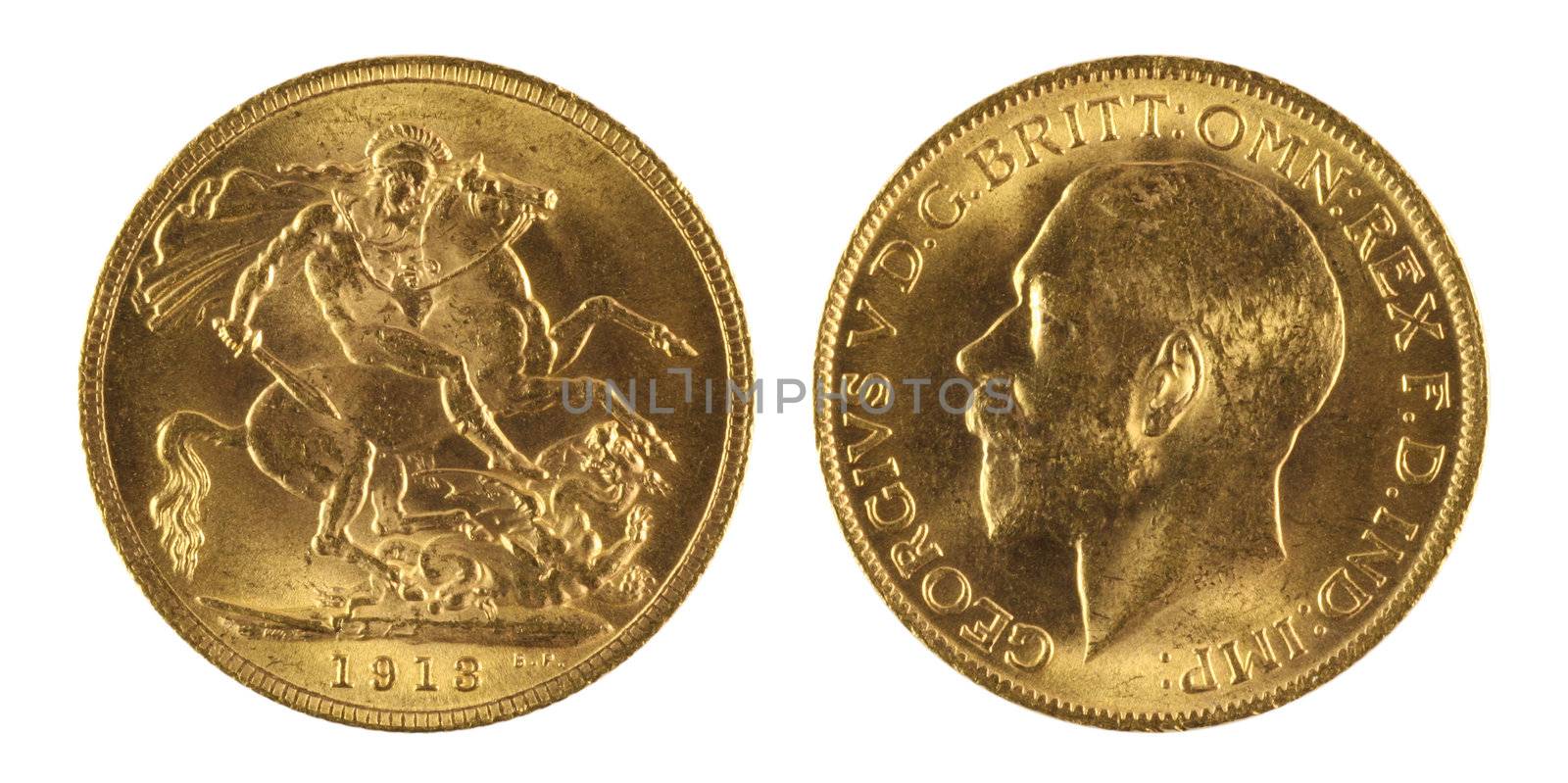 Gold sovereign isolated in white