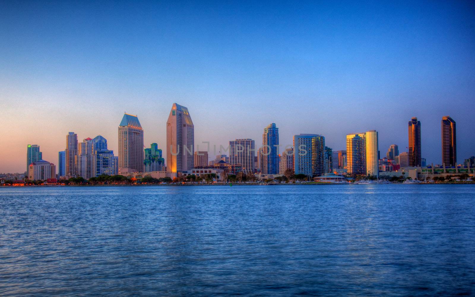 San Diego skyline on clear evening in HDR by steheap
