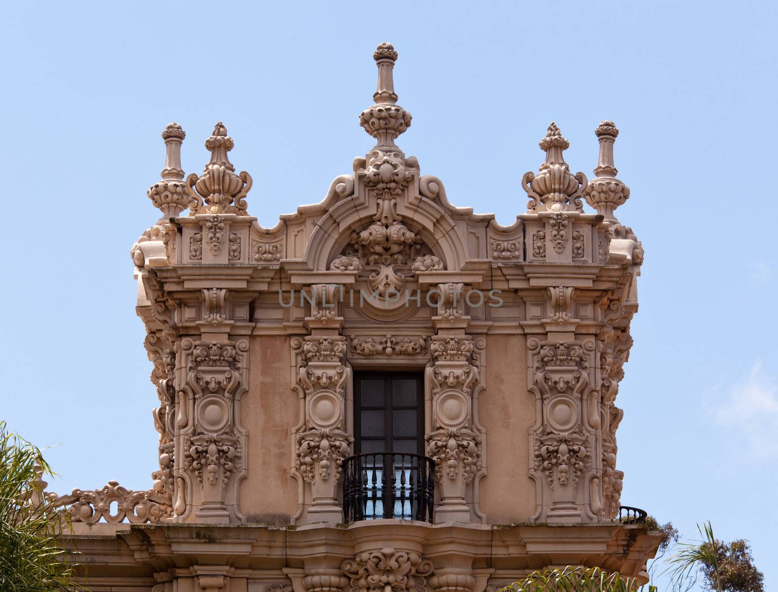 Detail of the carvings on the Casa de Balboa building in Balboa Park in San Diego