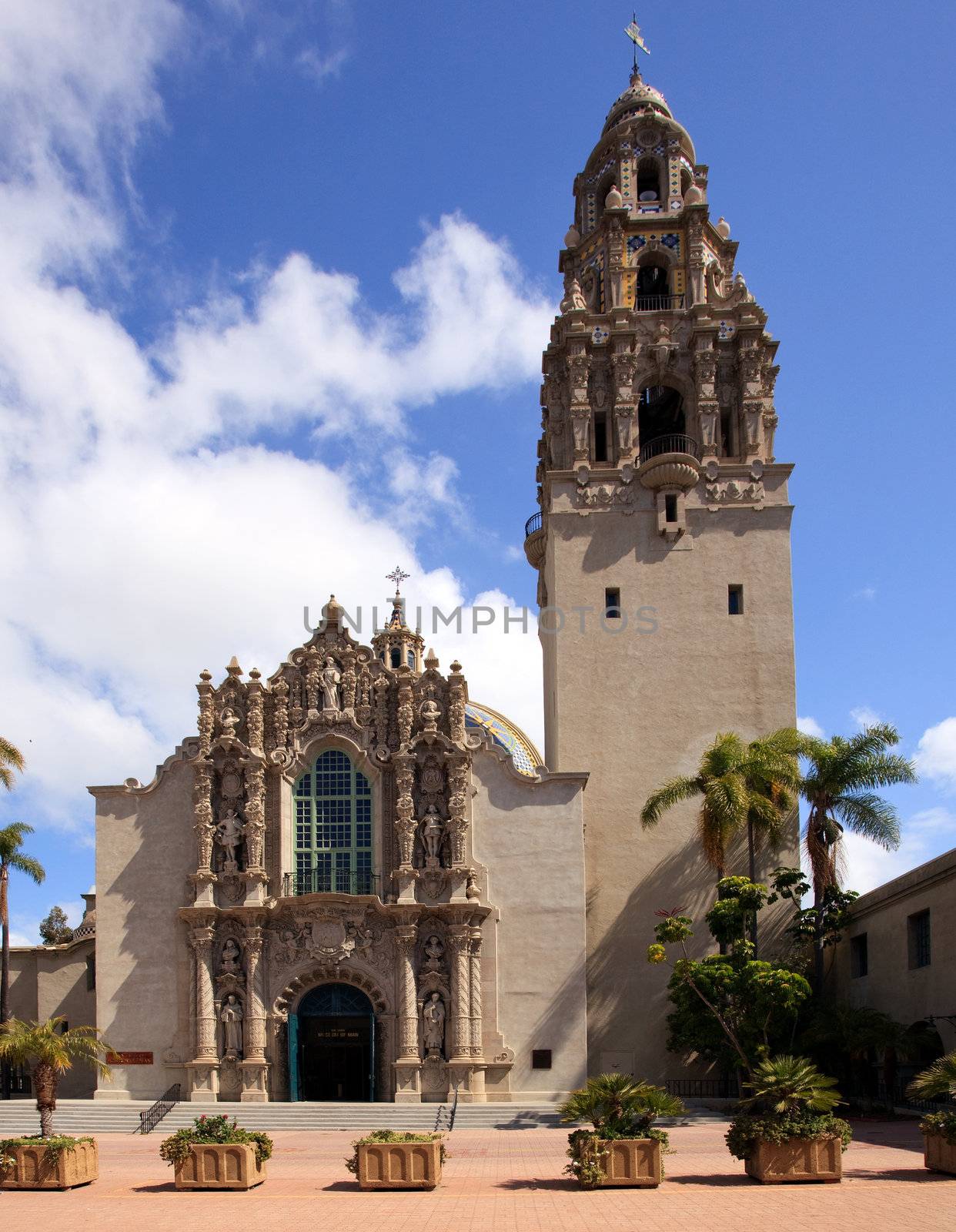 View of the ornate California Tower and South Facade of Museum of Man in Balboa Park in San Diego