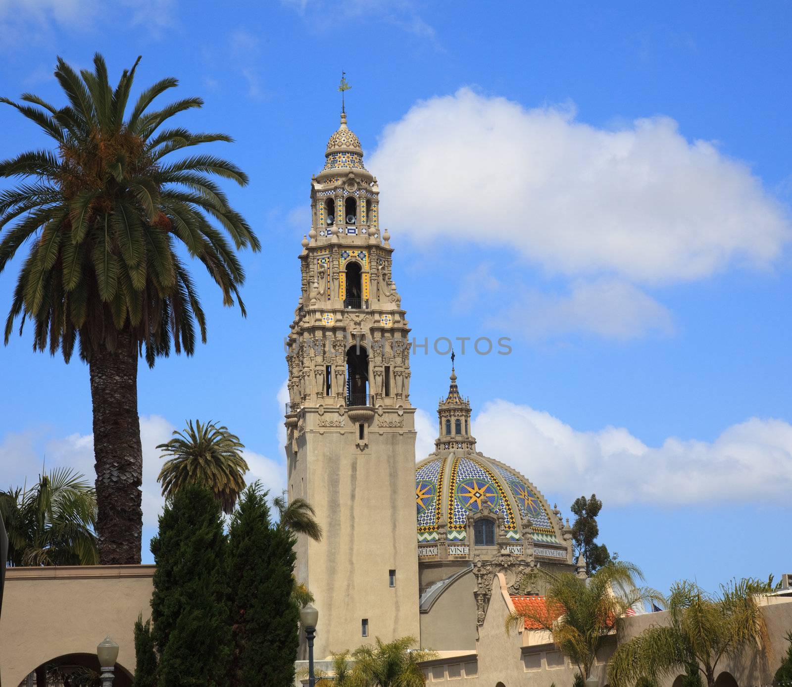 View of the ornate California Tower from the Alcazar Gardens in Balboa Park in San Diego with ornate dome