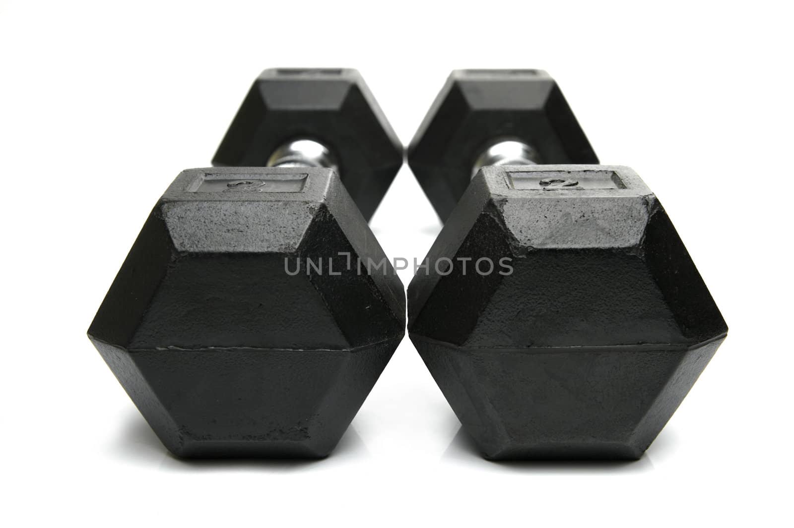 Weight lifting dumbbells isolated against a white background