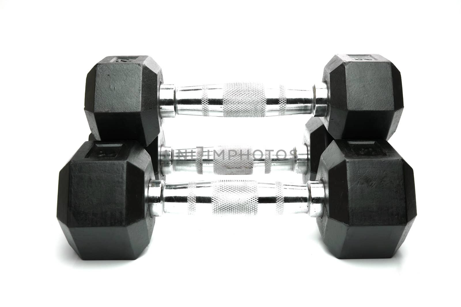 Weight lifting dumbbells isolated against a white background