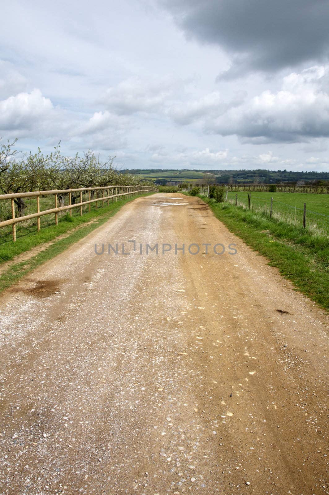 A road in the countryside with a wooden fence