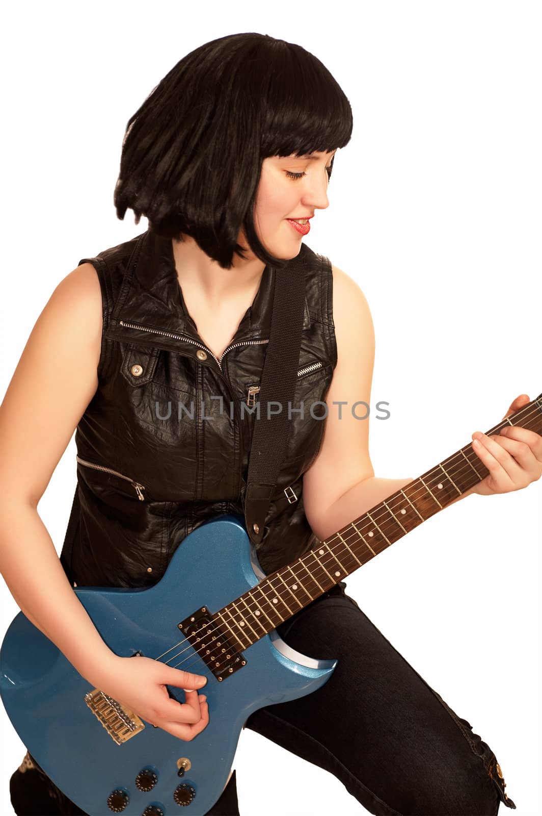 Young woman plays on a electric guitar by DeusNoxious