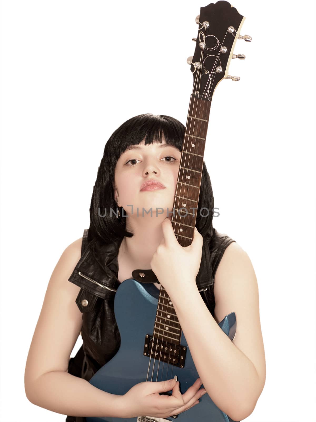 Young woman with electric guitar, isolated on white