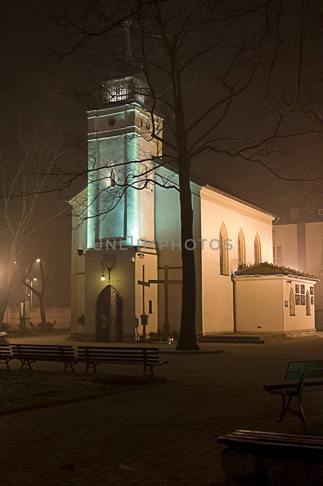 church somewhere in Poland by night