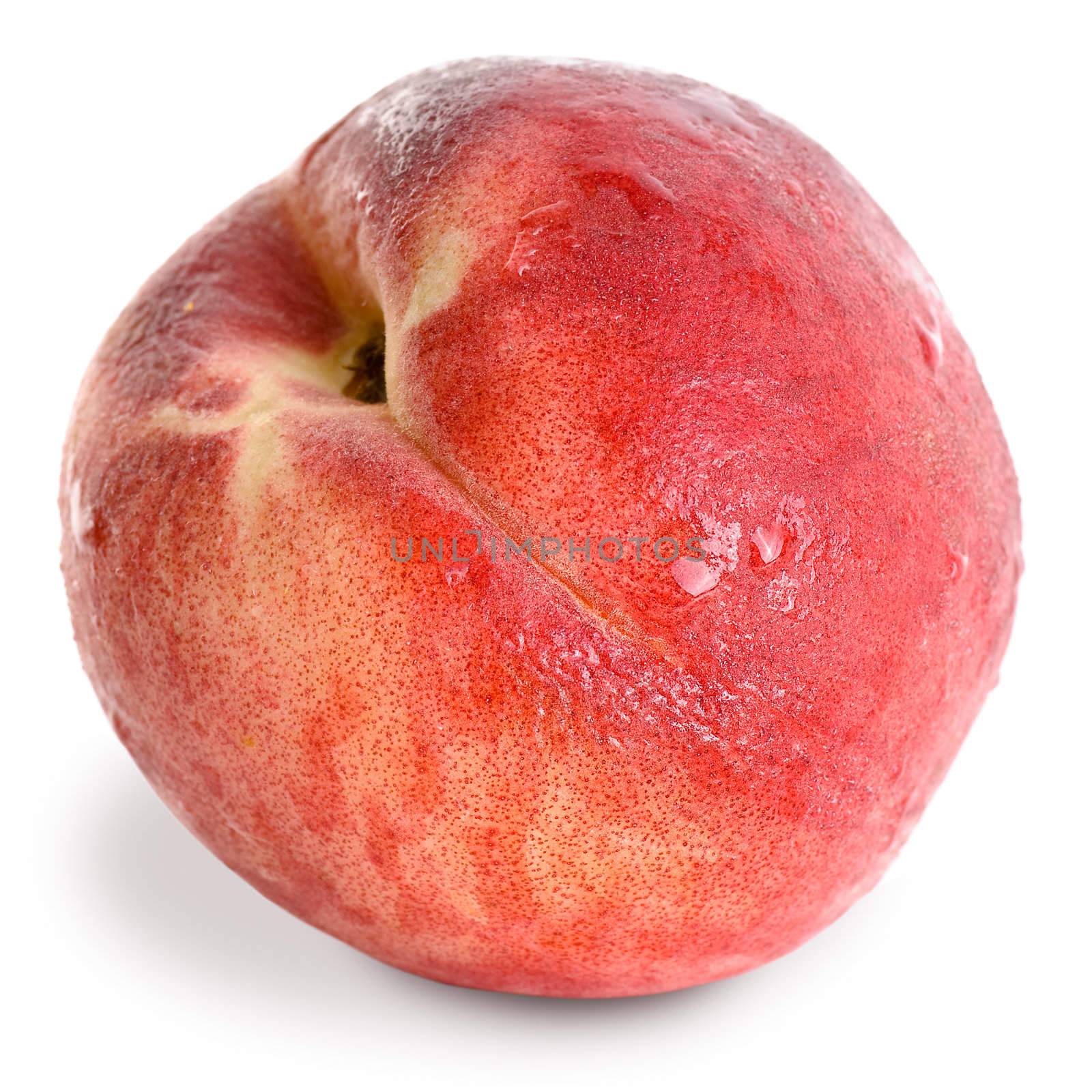 Peach with water isolated on white background, closeup image of single fruit in studio.