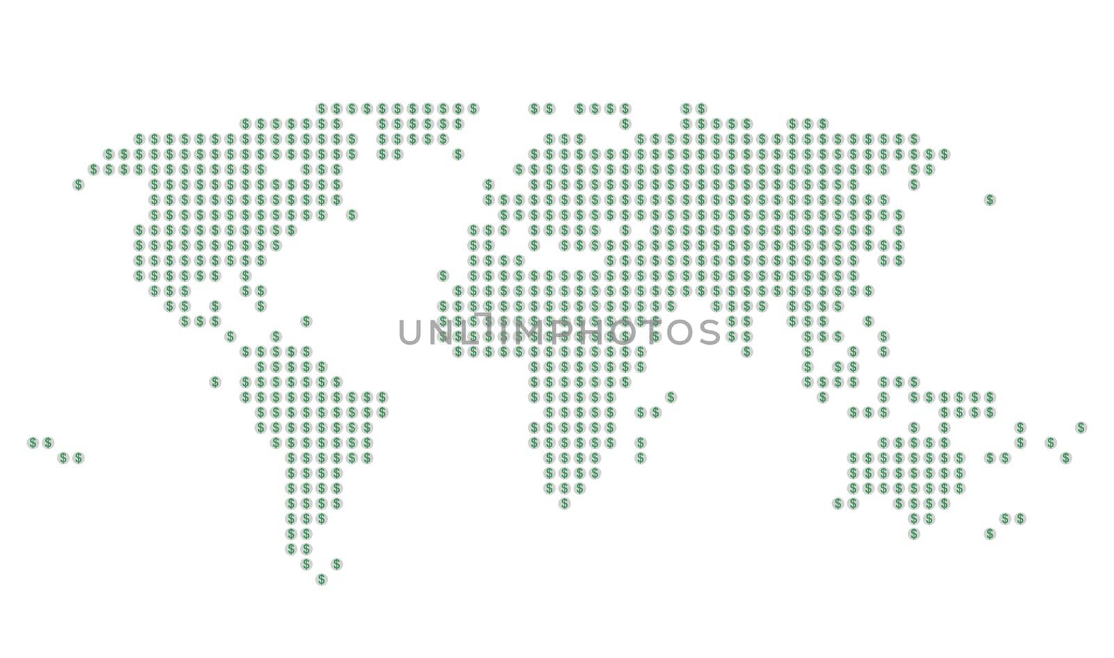 World map with green Dollar signs on gray dots