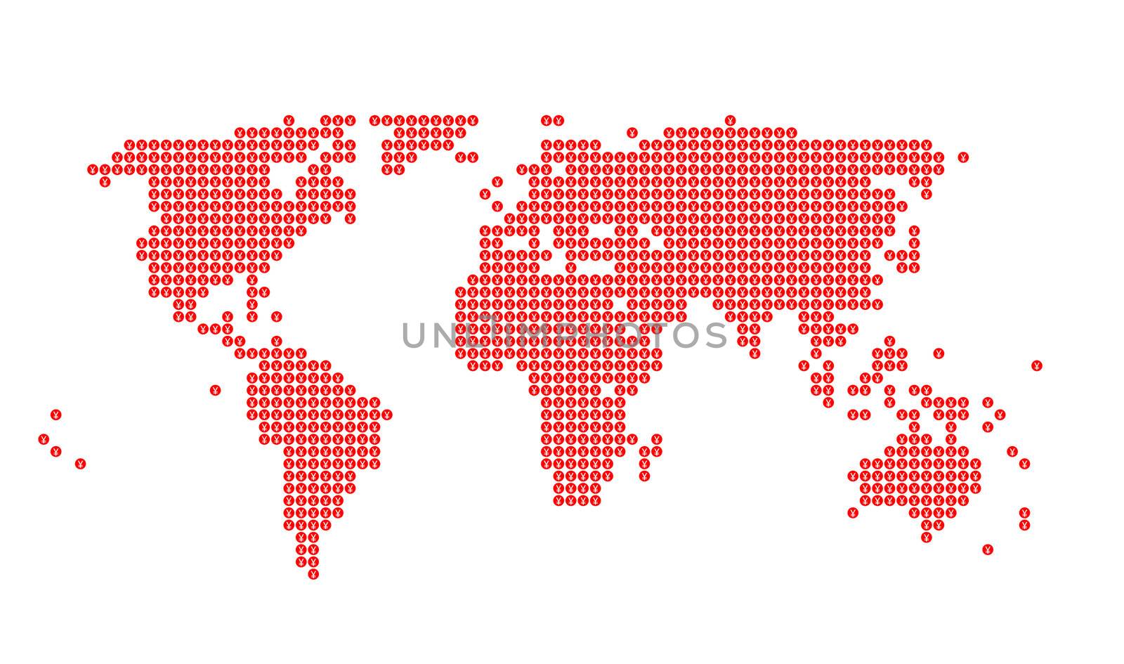 World map with Yen sign in red dots by rbiedermann