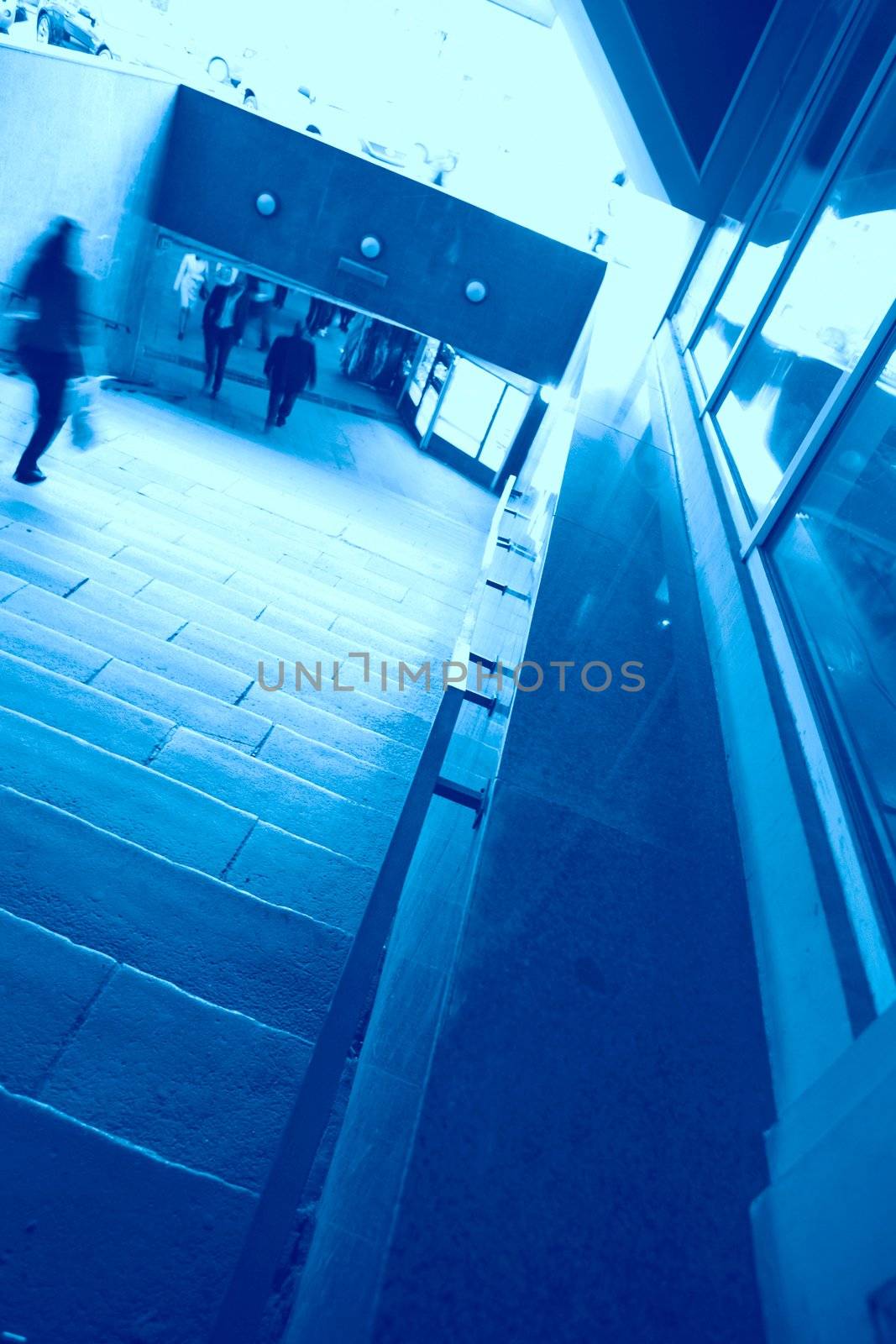 abstraction, stairway in underpass in blue tonality