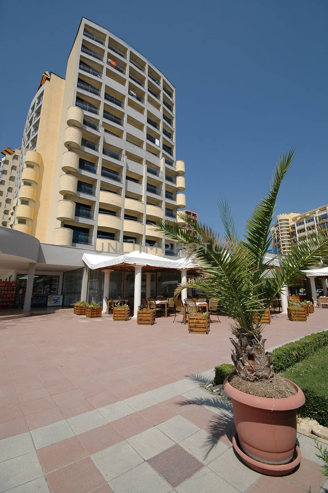 Hotel and plant. Clear blue sky