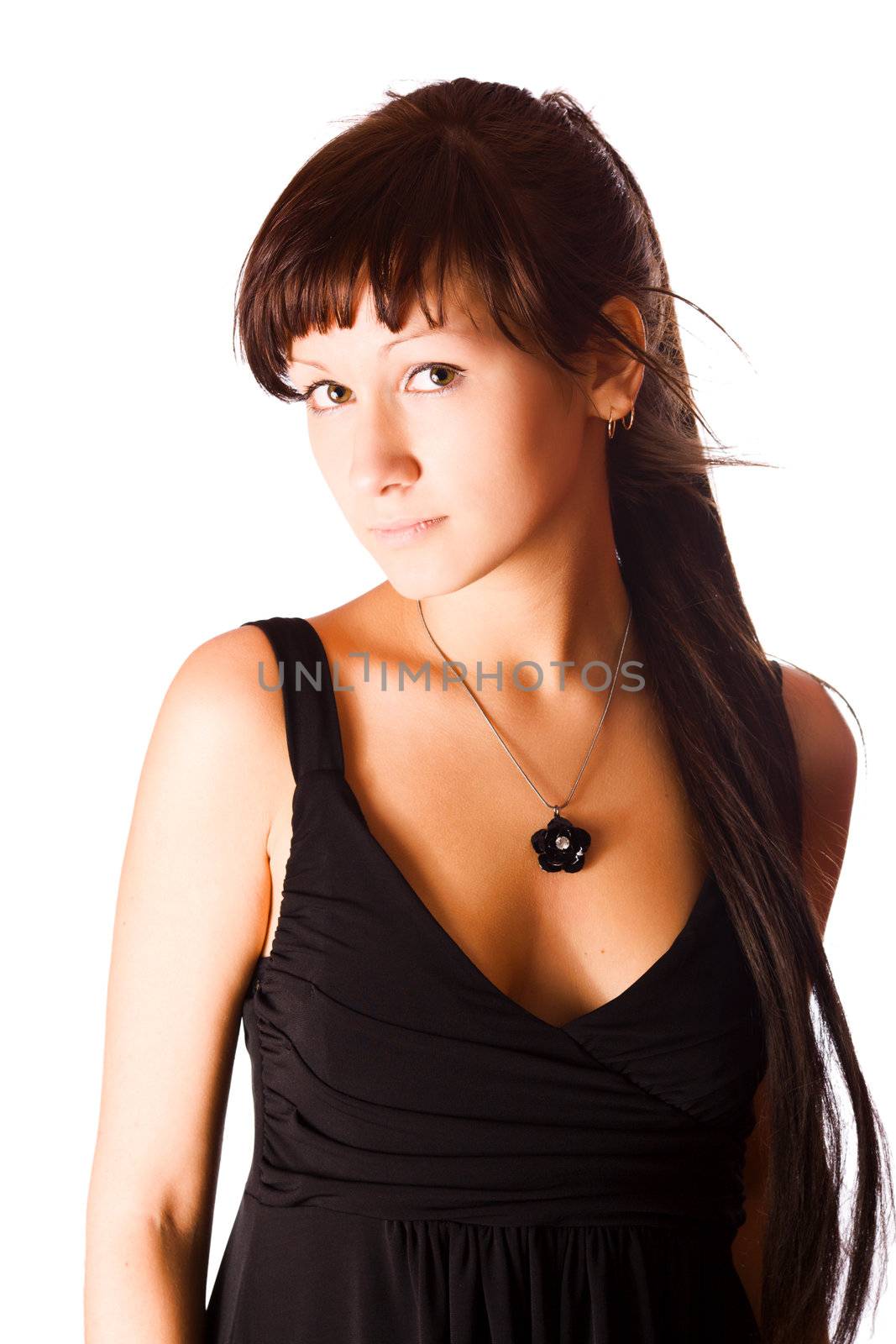 Young woman wearing black dress isolated on white