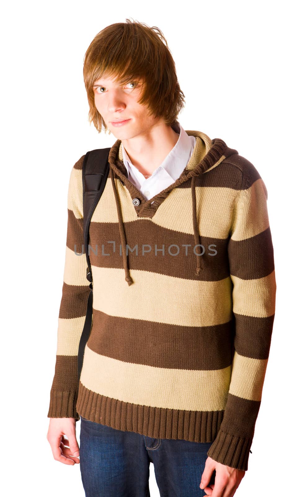 Young man wearing striped sweater and backpack isolated on white