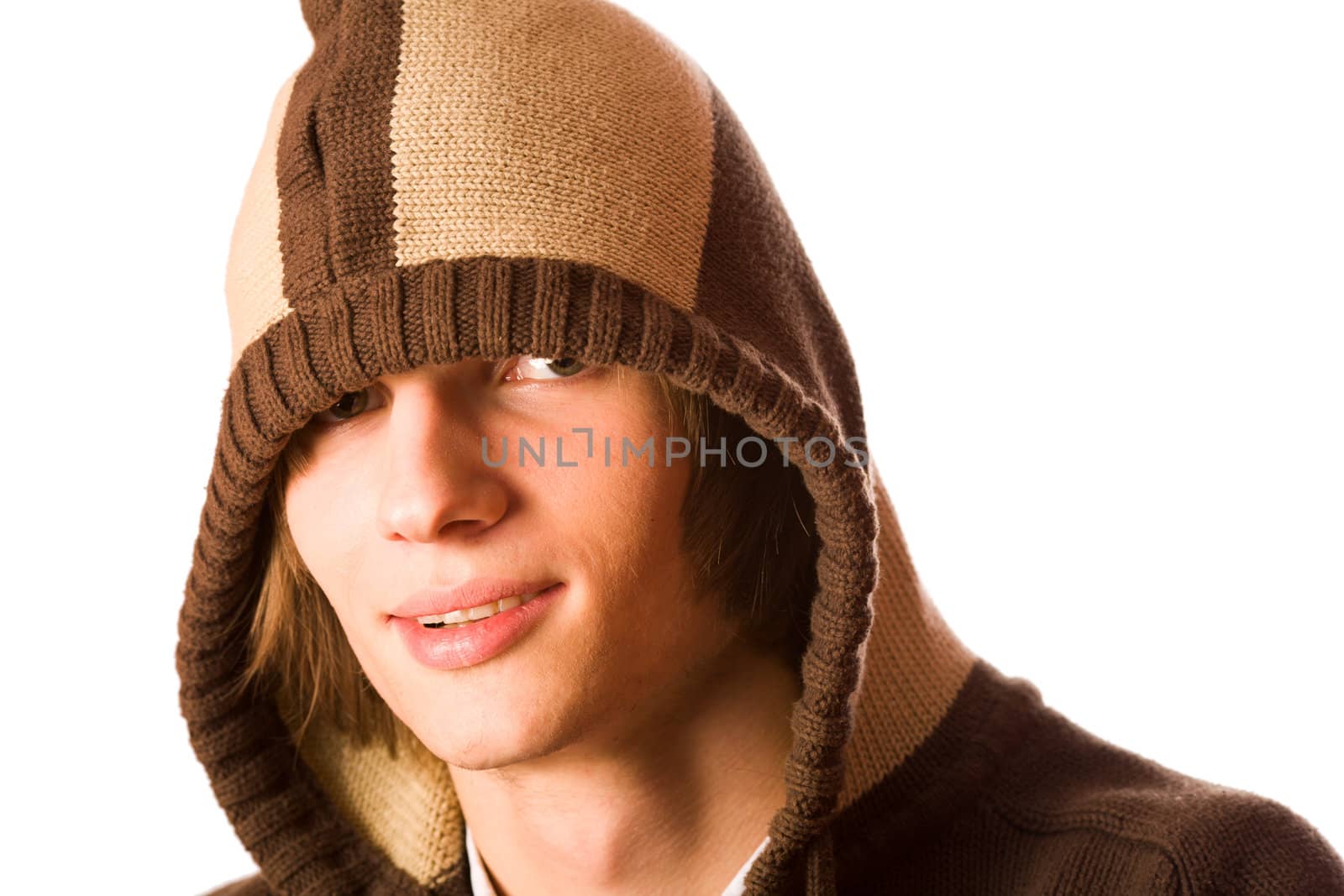 Young handsome man wearing hood isolated on white