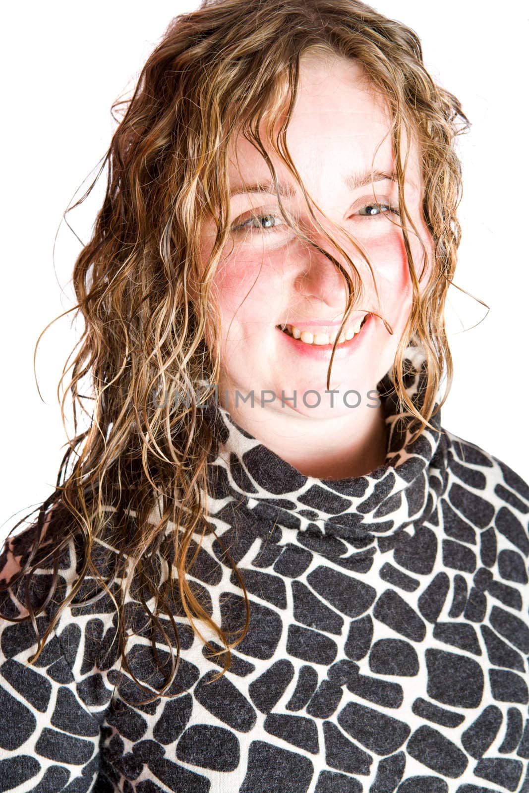 Cheerful Woman with wet curly hair isolated on white