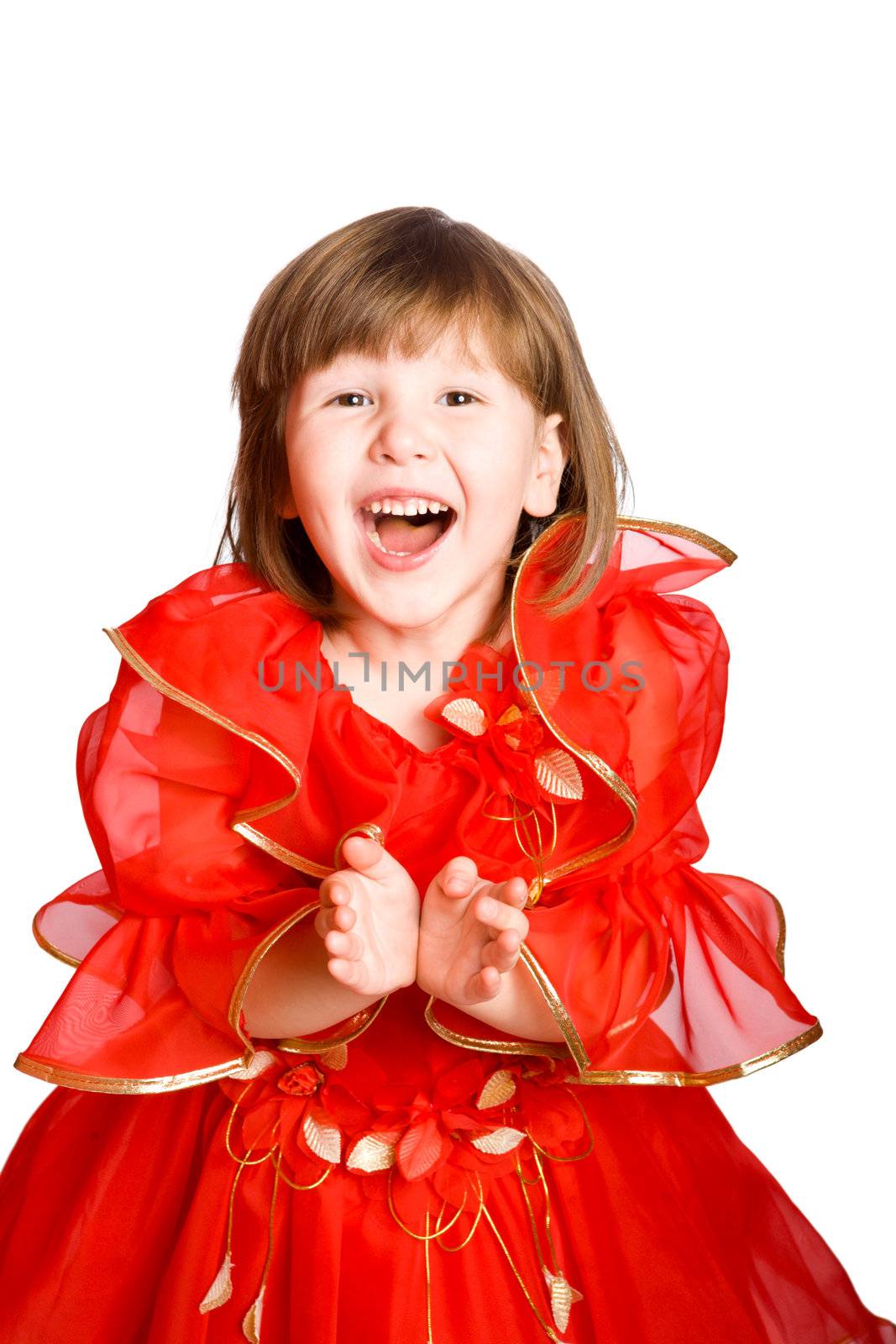 Excited laughing girl clupping hands isolated on white