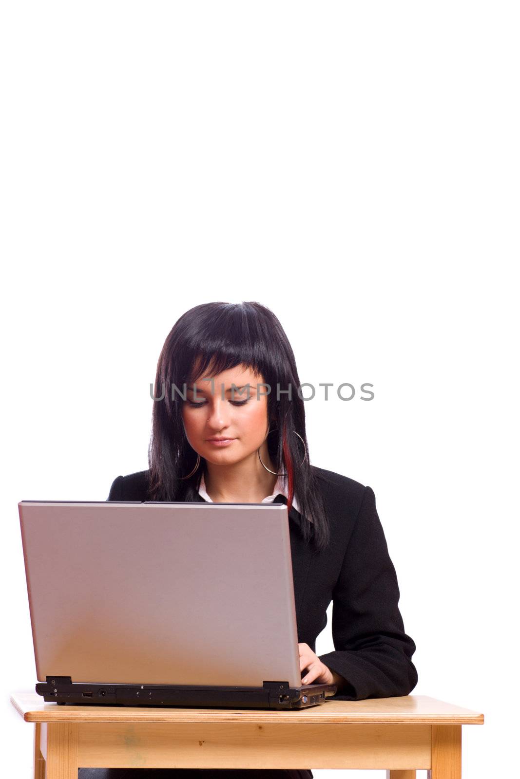 Young business woman Working on laptop isolated on white