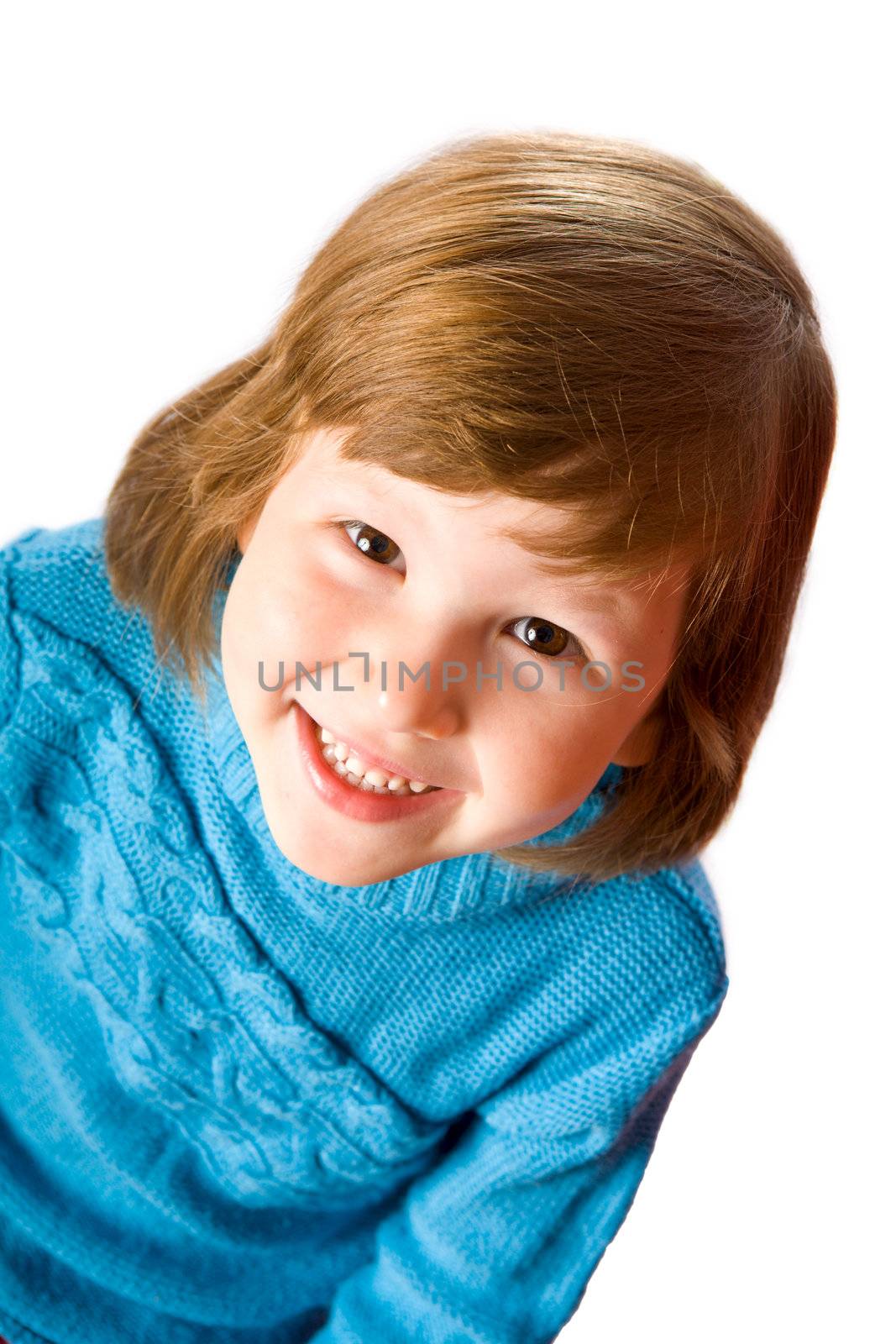 Cheerful kid looking up with interest isolated on white