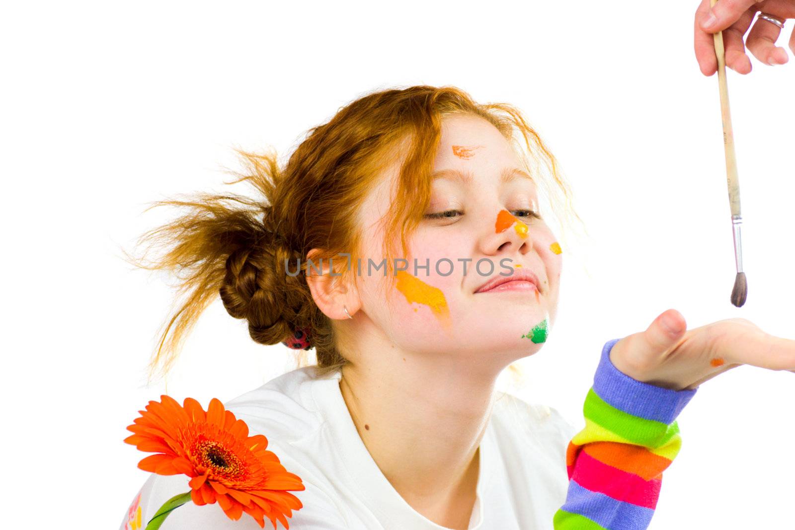 Funny artist with painted face and gerber isolated on white