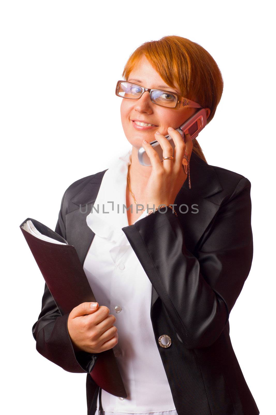 redhead Business woman talking on phone isolated on white