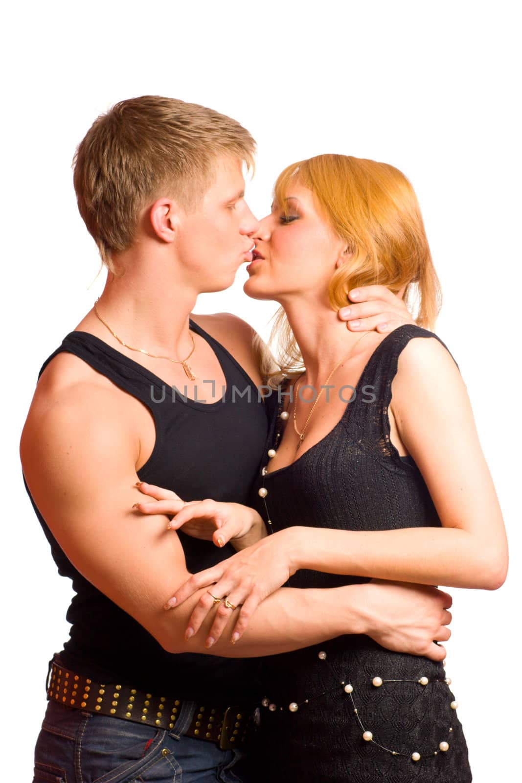 Young blond beautiful couple kissing isolated on white