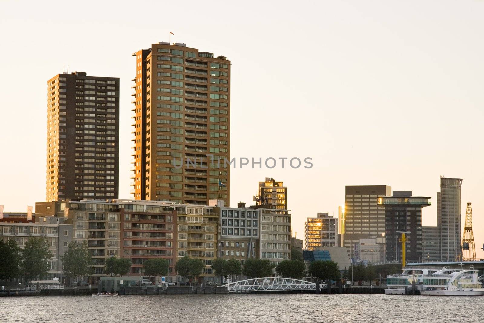Residential buildings in Rotterdam at the riverside by late evening light