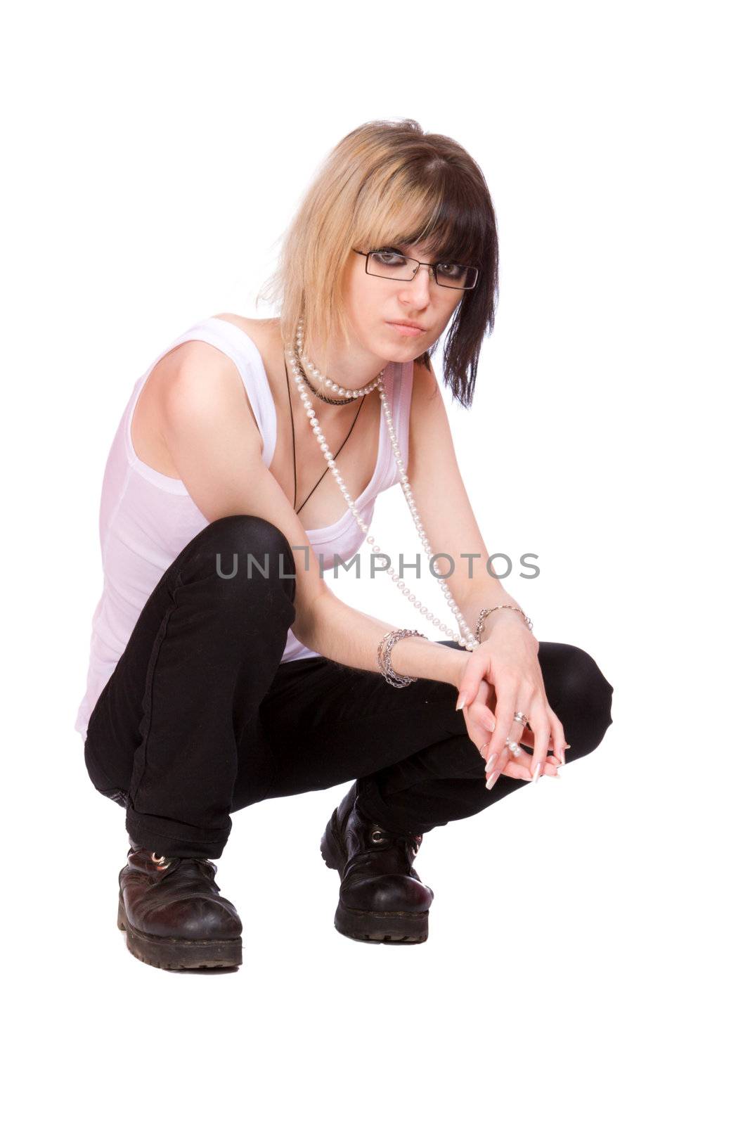 young woman with short hair wearing glasses isolated on white