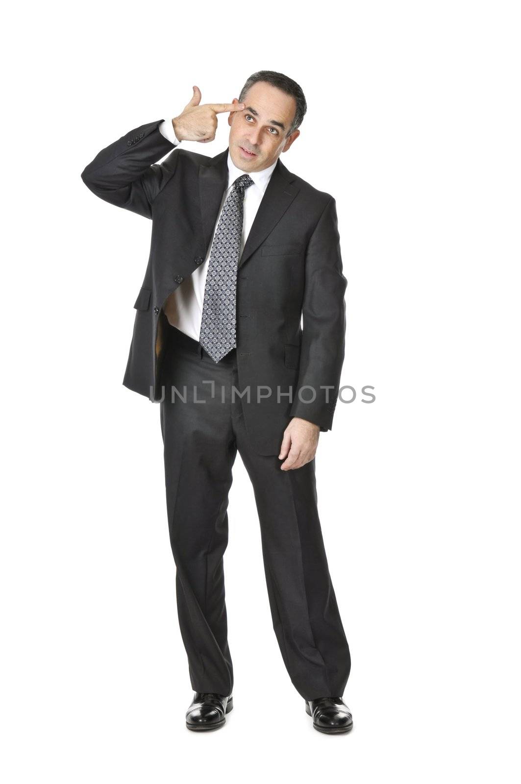 Businessman in a suit gesturing suicide isolated on white background