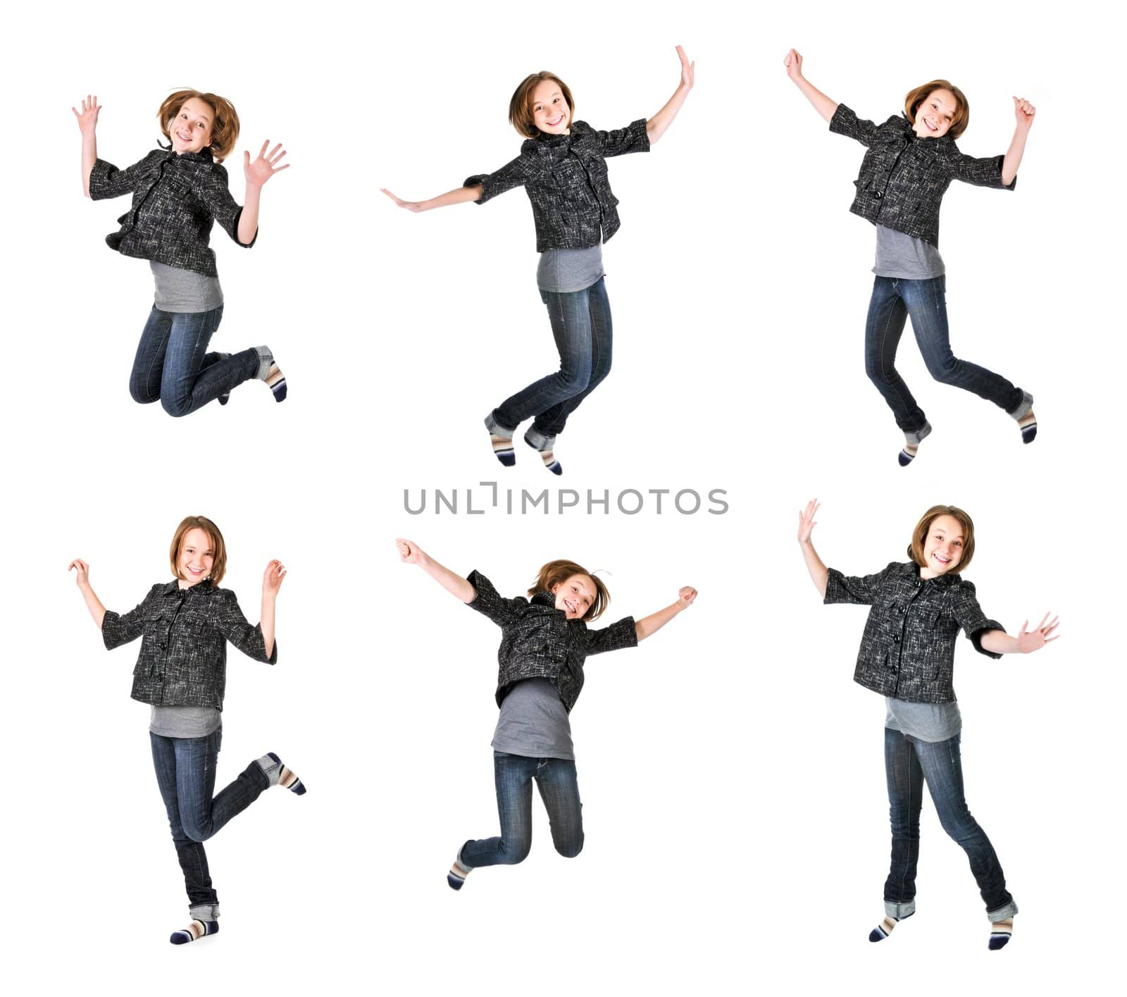 Teenage girl jumping isolated on white background, several poses