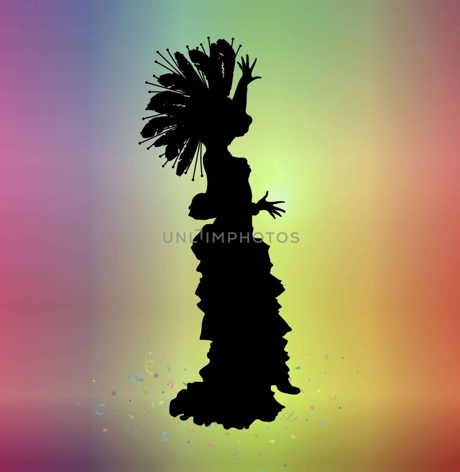 silhouette of woman in carnival costume on colourful background
