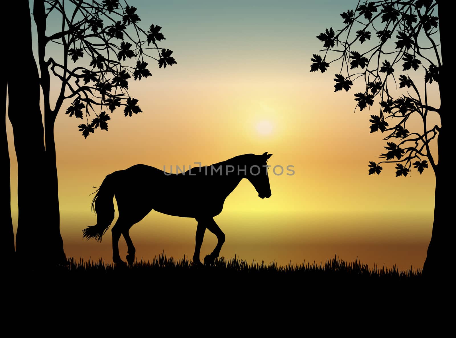 Illustration of horse in pasture at sunrise