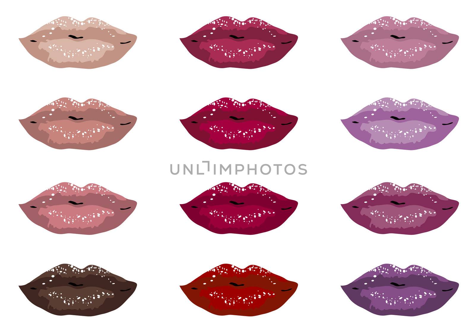 illustration of twelve lips in various shades on white background
