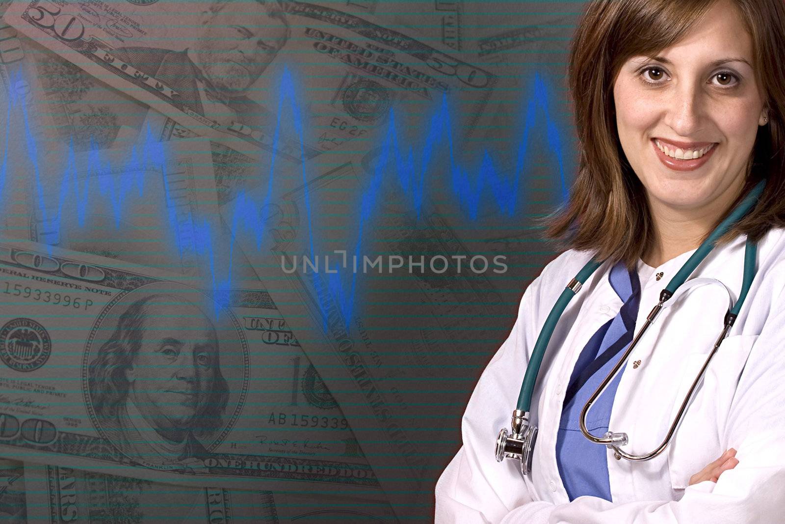 A young medical professional isolated over a money background with copyspace.
