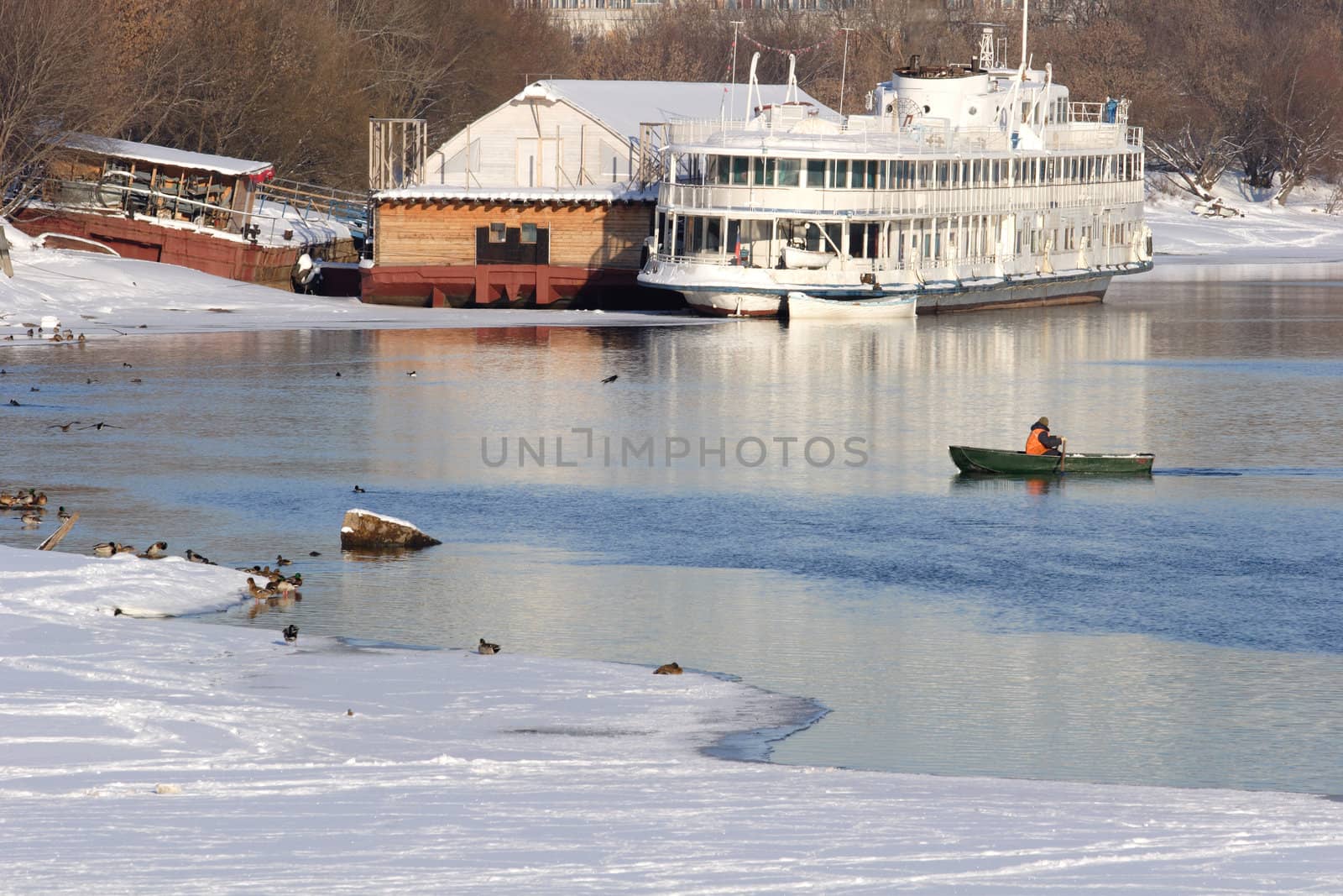 Winter Landscape with Green Boat on Moscow-river