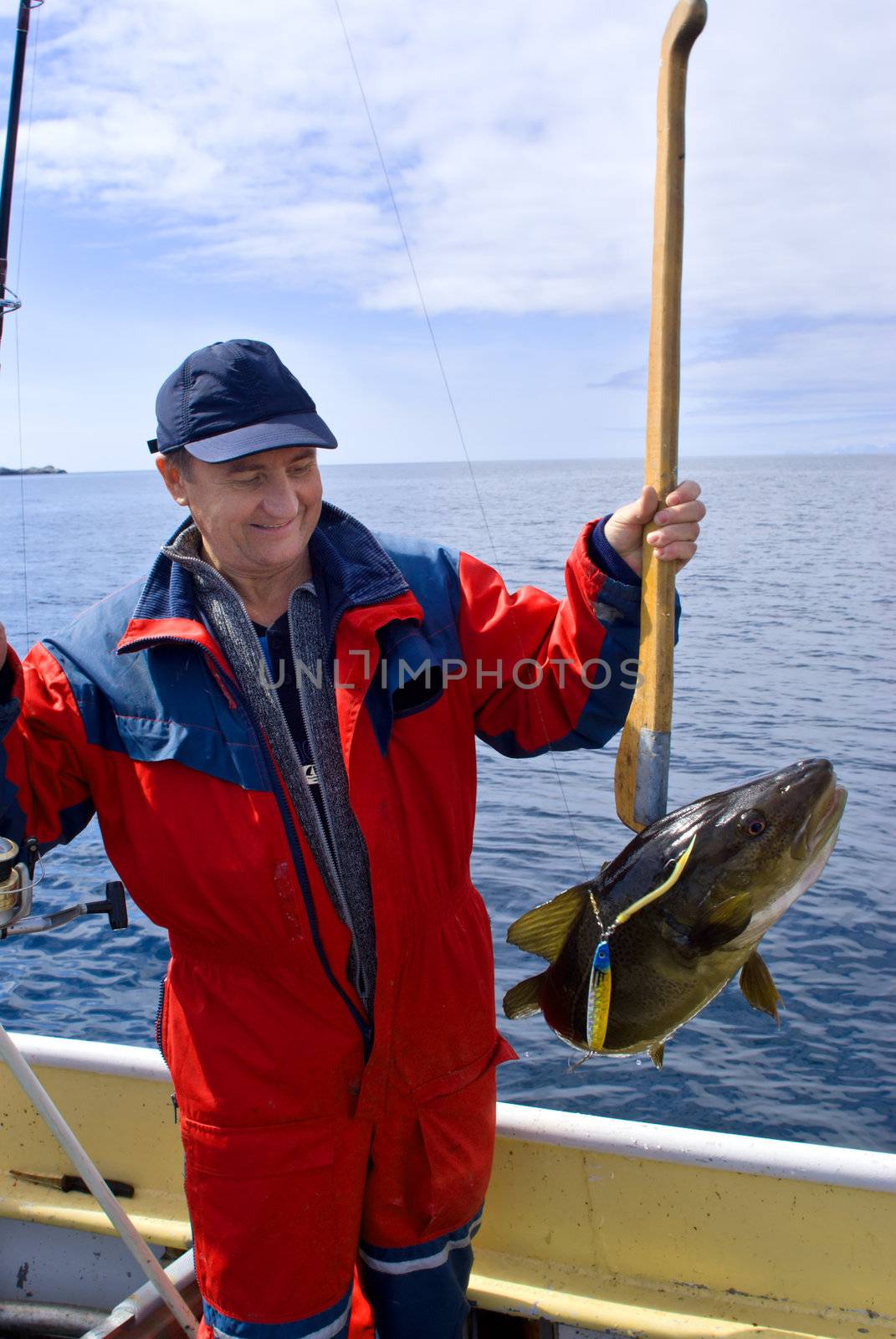 Fisherman with fish on the boat near the Lofoten island