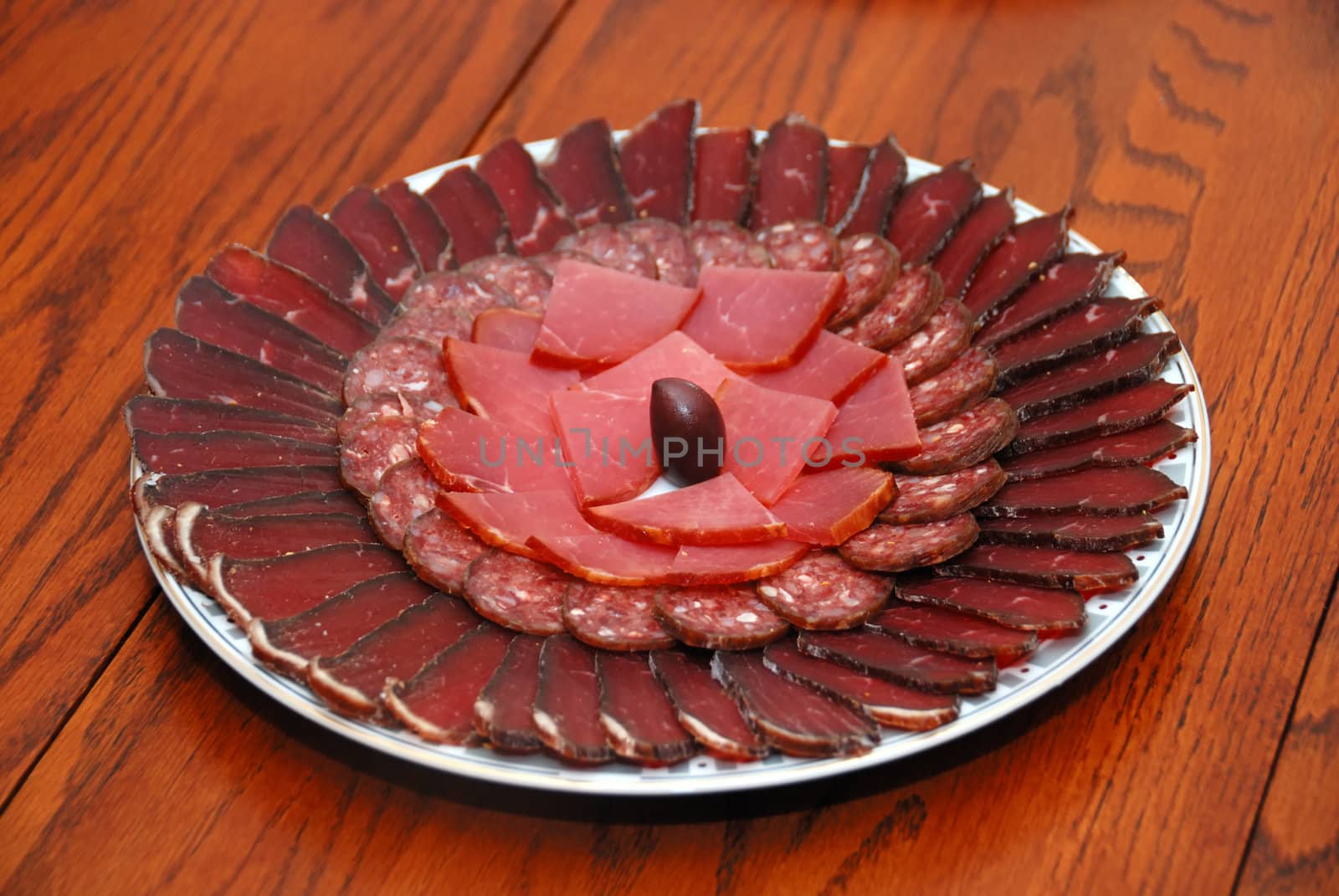 Plate of Smoked and Dry Meat Served on a Table