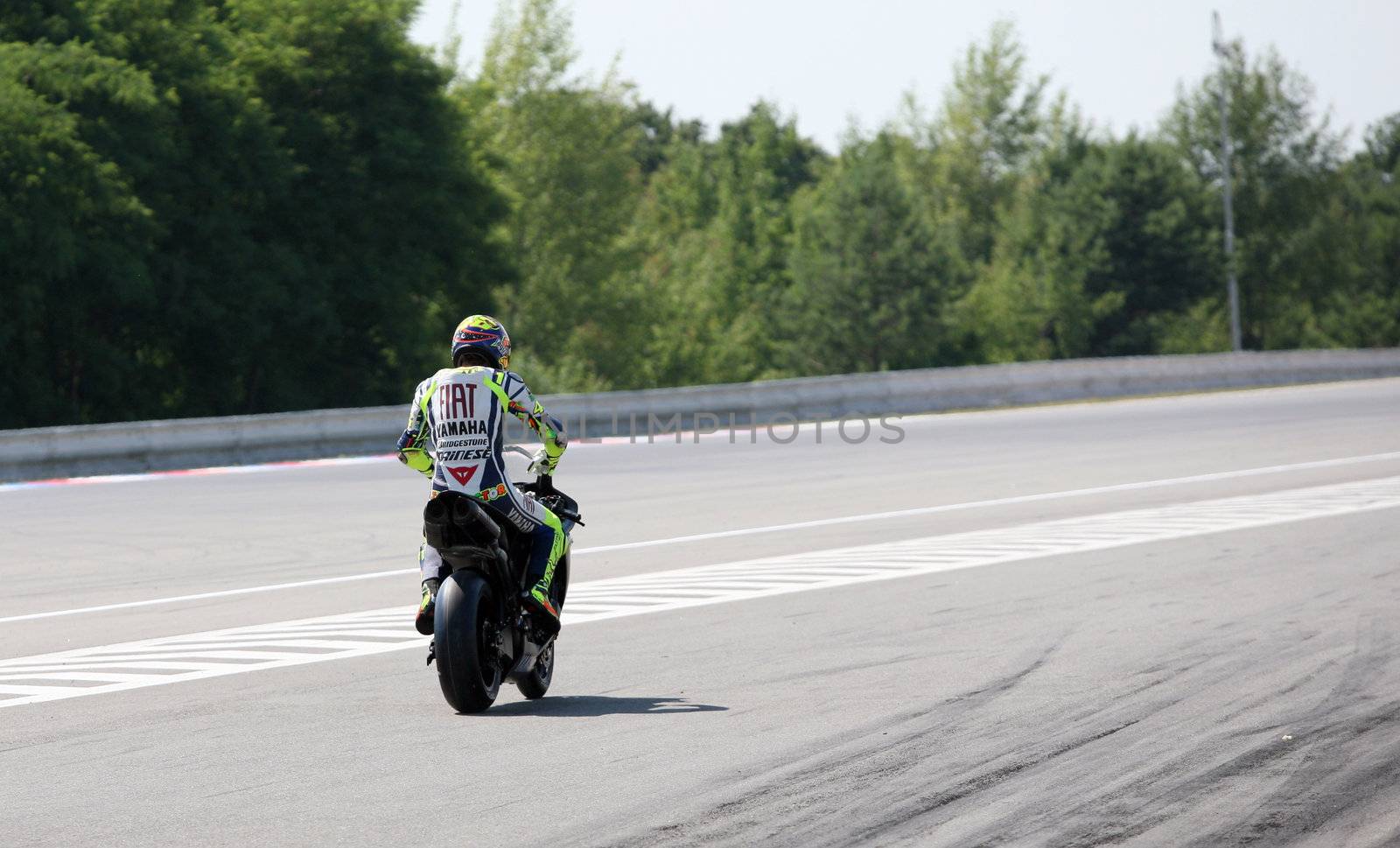 Valentino Rossi, who in early June in Italy Mugello GP suffered an fracture of the leg is testing at Masaryk Circuit on 12 July 2010, in Brno, Czech republic.