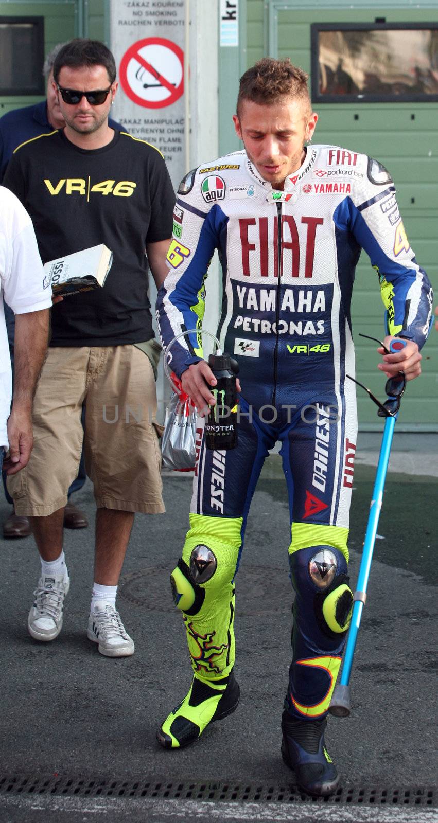 Valentino Rossi, who in early June in Italy Mugello GP suffered an fracture of the leg is testing at Masaryk Circuit on 12 July 2010, in Brno, Czech republic.