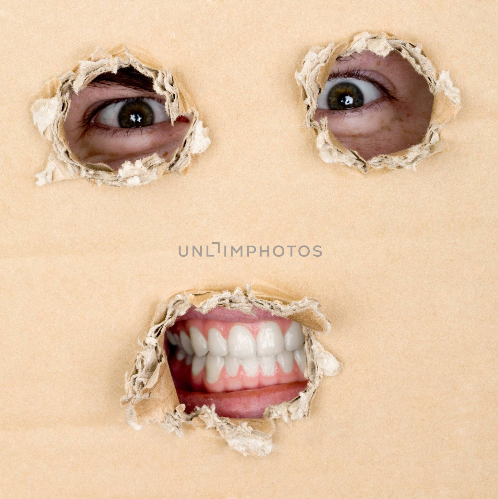 Eyes and teeth look out from hole in cardboard