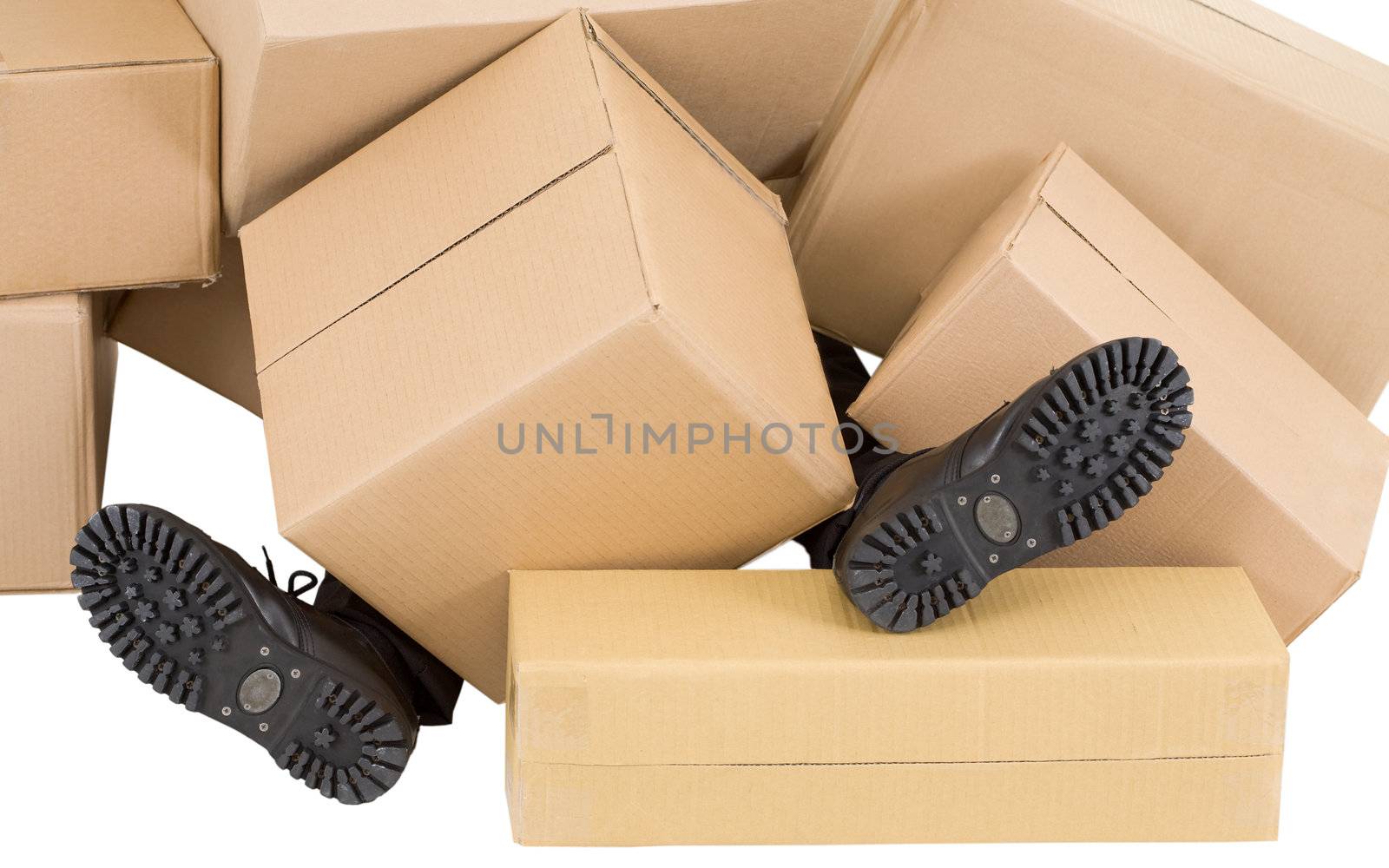 Male feet and heap of boxes by pzaxe